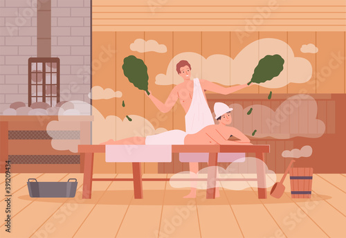 Sauna background. Spa relax warm therapy people hot steam in sauna bathing characters vector cartoon illustration. Spa and sauna steam, wooden relaxation therapy