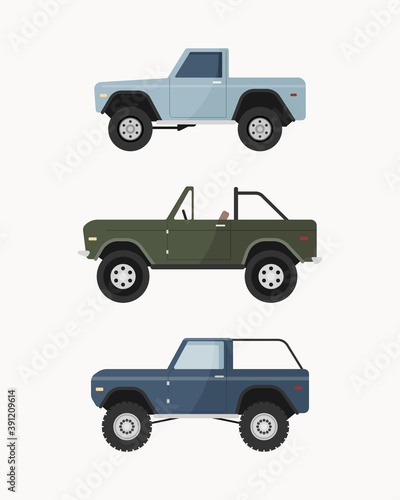 Set of off-road suv car. Off road vehicles vector illustration. 