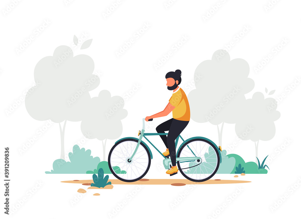 Man riding bike. Healthy lifestyle, sport, outdoor activity concept. Vector illustration in flat style. Man riding bike. Healthy lifestyle, sport, outdoor activity concept. Vector illustration in flat style.