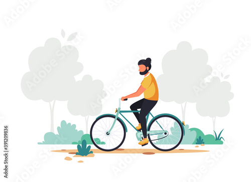 Man riding bike. Healthy lifestyle, sport, outdoor activity concept. Vector illustration in flat style.