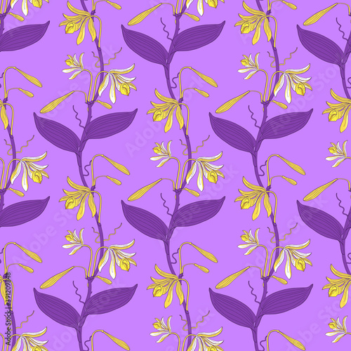 Colorful floral seamless pattern with hand drawn yellow vannilla orchid flowers on violet background. Stock vector photo