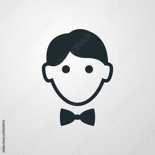 Logotipo con cara de hombre con corbata de lazo en fondo gris