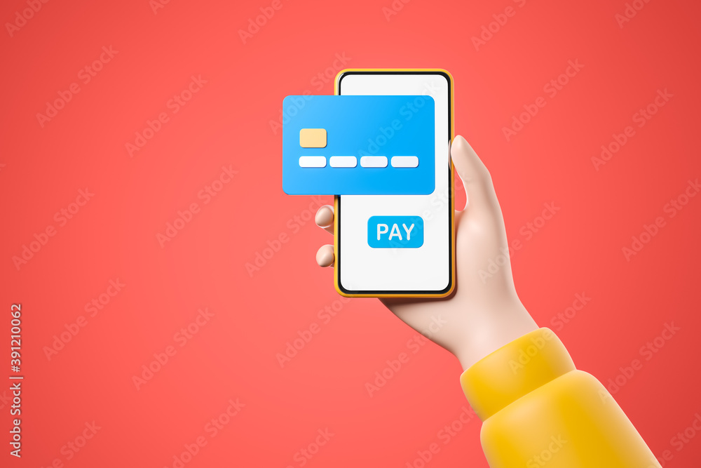 Cartoon hand yellow shirt hold smartphone with big blue credit card on the screen over red background, Online payment concept. Cartoon hand yellow shirt hold smartphone with big blue credit card on the screen over red background, Online payment concept.