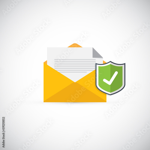 Email security concept, e-mail envelope with shield icon. 