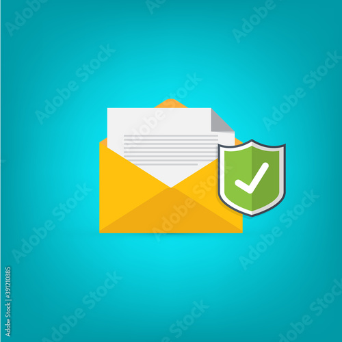 Email security concept, e-mail envelope with shield icon. 