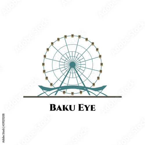 Baku Ferris Wheel or Baku Eye. Primorsky Boulevard, Baku, Azerbaijan. One of best sightseeing for tourist vacation. Azerbaijan country flat cartoon style historic showplace web vector illustration