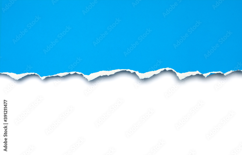Blue torn paper isolated on white background.