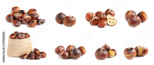 Set of sweet roasted edible chestnuts isolated on white. Banner design