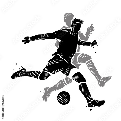 Two soccer players fighting for the ball