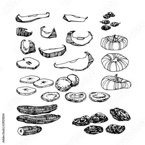 set of dried fruits, bananas, figs, prunes, raisins, for menu & culinary recipes decoration, compote, vector illustration with black lines isolated on a white background in a hand drawn & doodle style