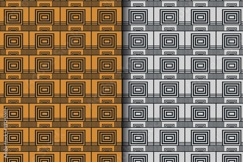 Set of abstract square and rectangle seamless pattern design template in black background. the element pattern use silver and gold colors. 