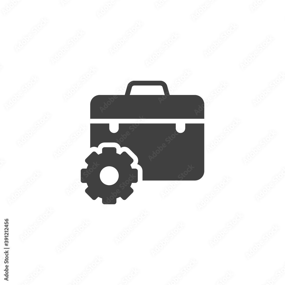 Business management vector icon. Briefcase and gear filled flat sign for mobile concept and web design. Office management glyph icon. Symbol, logo illustration. Vector graphics Business management vector icon. Briefcase and gear filled flat sign for mobile concept and web design. Office management glyph icon. Symbol, logo illustration. Vector graphics