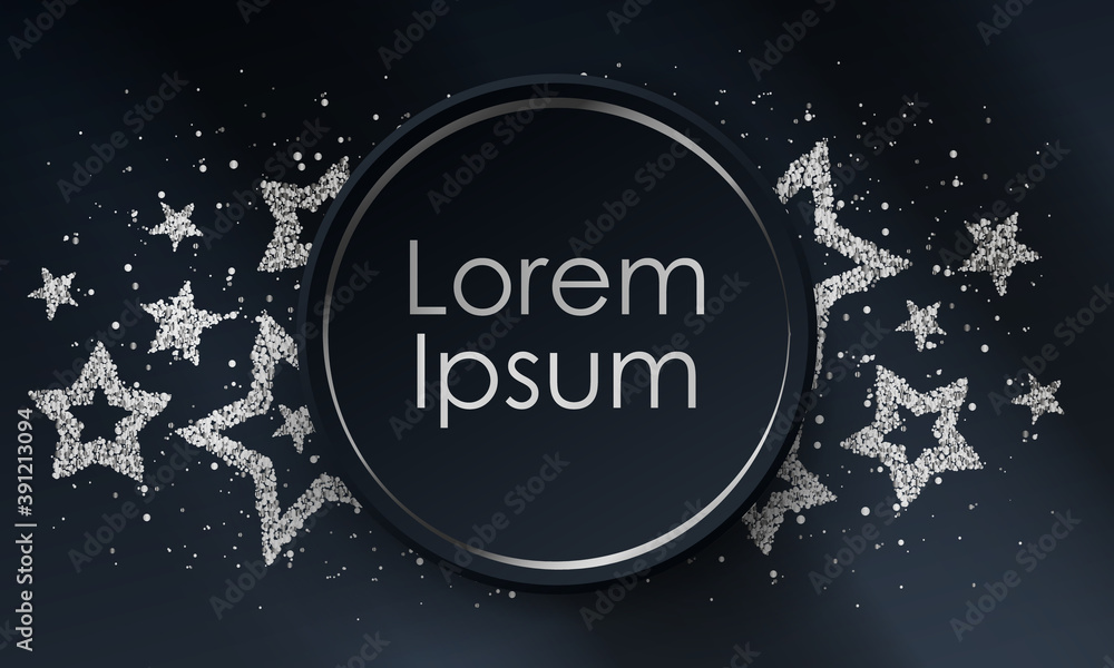 Silver medal, reward with stars from silver sparkles, glitter and black paper ribbon with space for text and shadow. Vector illustration. Silver medal, reward with stars from silver sparkles, glitter and black paper ribbon with space for text and shadow. Vector illustration.