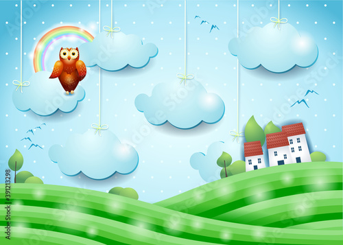 Fantasy landscape with owl and village, vector illustration eps10