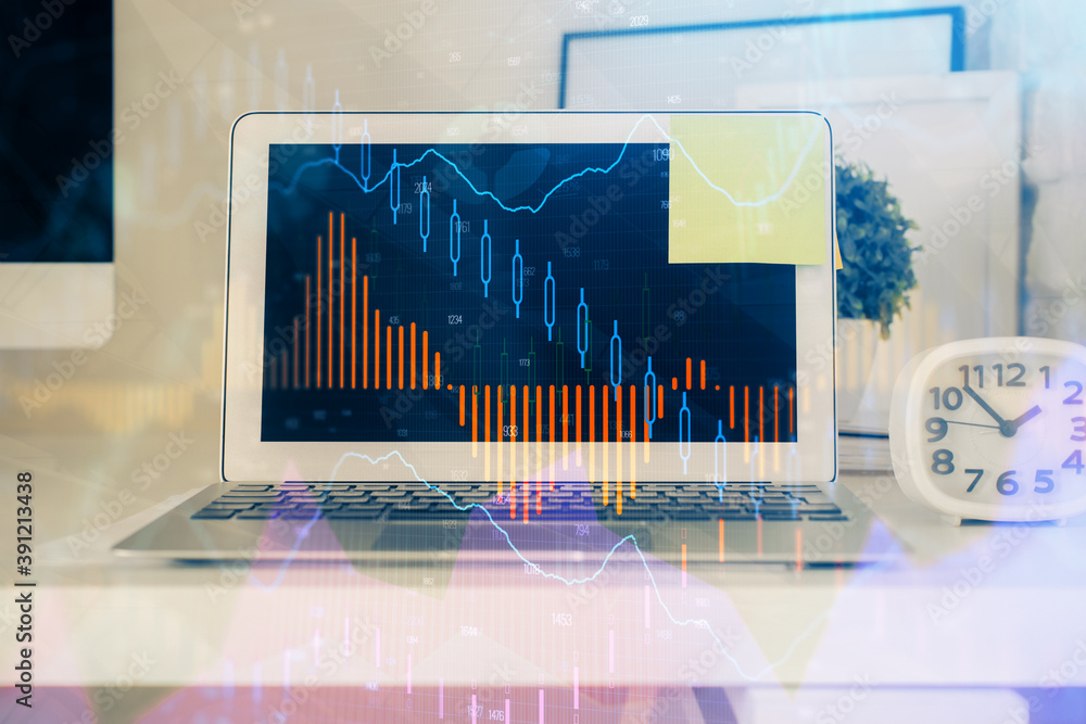Stock market graph and table with computer background. Multi exposure. Concept of financial analysis. Stock market graph and table with computer background. Multi exposure. Concept of financial analysis.