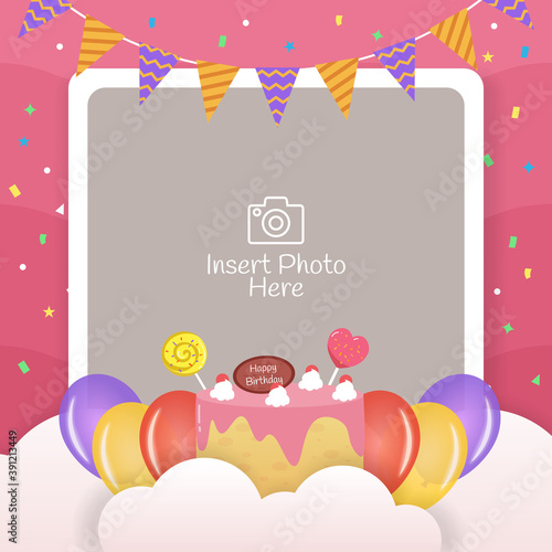 Happy birthday frame with birthday cake, balloons and flags illustration