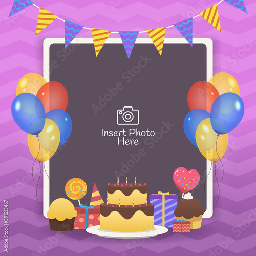 Decorative birthday frame with colorful balloons, birthday cakes and gift box