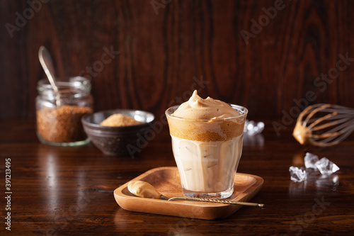 dalgona coffee in glass. trendy Instant coffee whipped with sugar and hot water