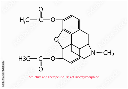 structure and medicinal uses of diacetylmorphine chemical structure vector design illustration