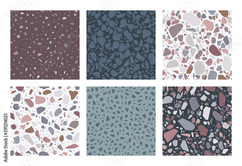 Terrazzo patterns. Set of 6 seamless terrazzo texture patterns. Colorful, trendy backgrounds. Abstract vector Illustration.