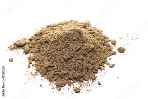 Organic linseed protein powder pile isolated on white background