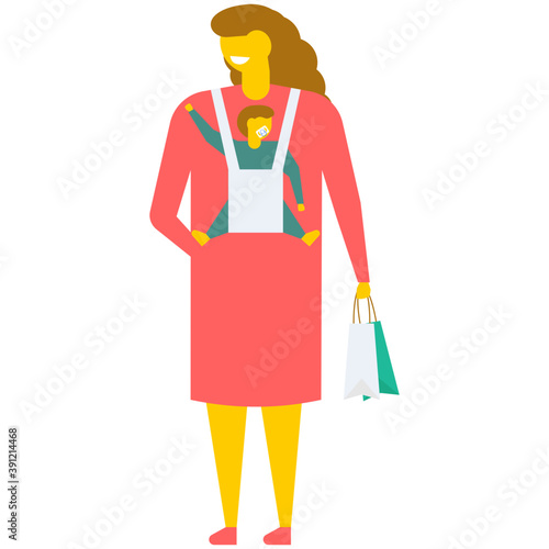 
A young mother holding her newborn baby, flat vector icon 
