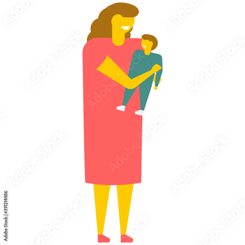
A young mother holding her newborn baby, flat vector icon 
