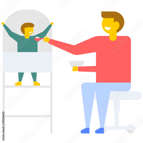 
A young father holding her newborn baby, flat vector icon 
