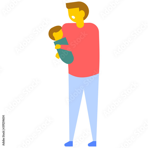 
A young father holding her newborn baby, flat vector icon 
