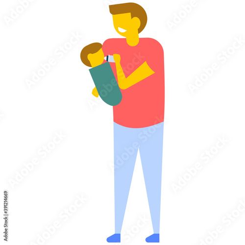 
A young father holding her newborn baby, flat vector icon 
