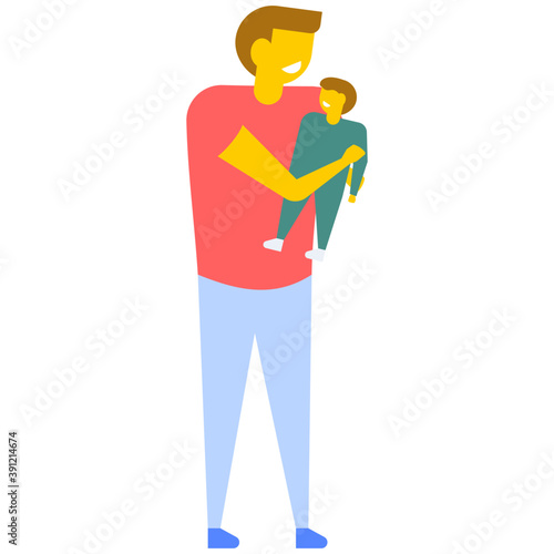 
A young father holding her newborn baby, flat vector icon 

