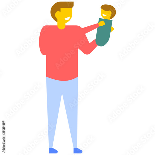 
A young father holding her newborn baby, flat vector icon 
