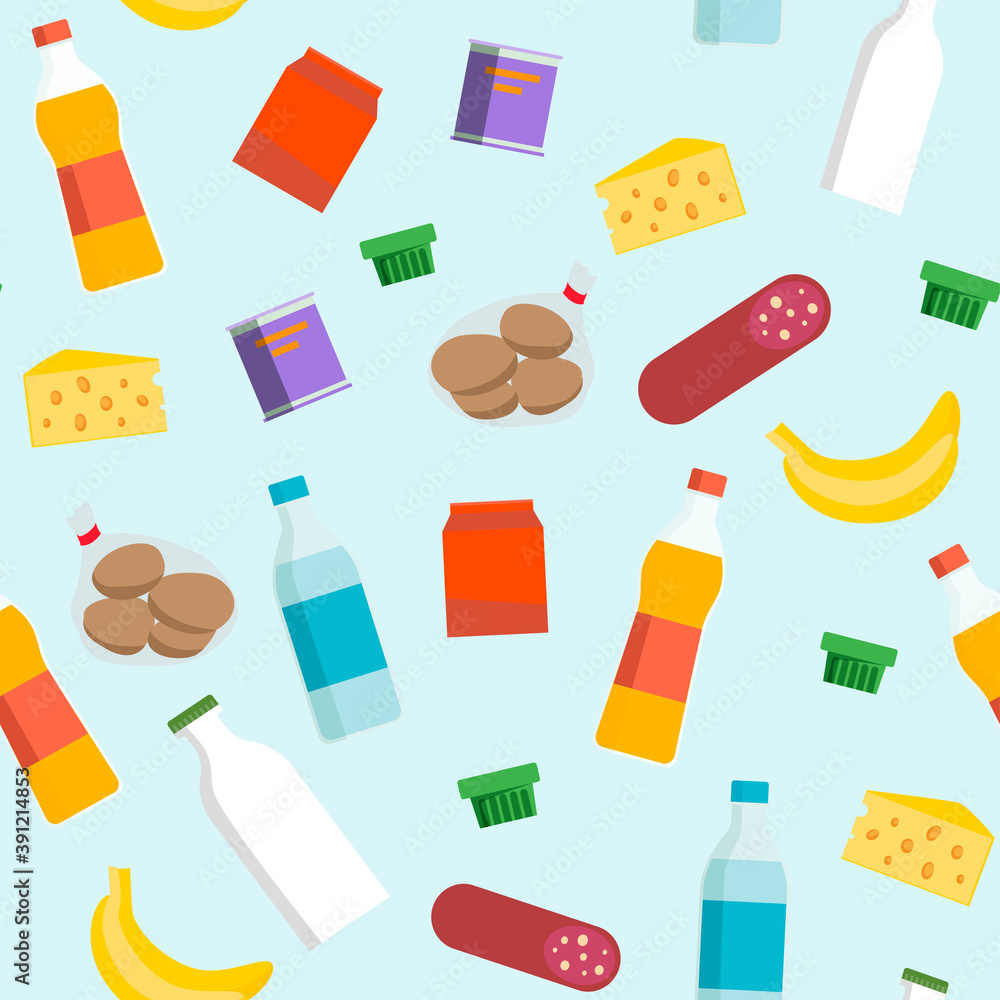 Vector seamless pattern of flying grocery store food  products