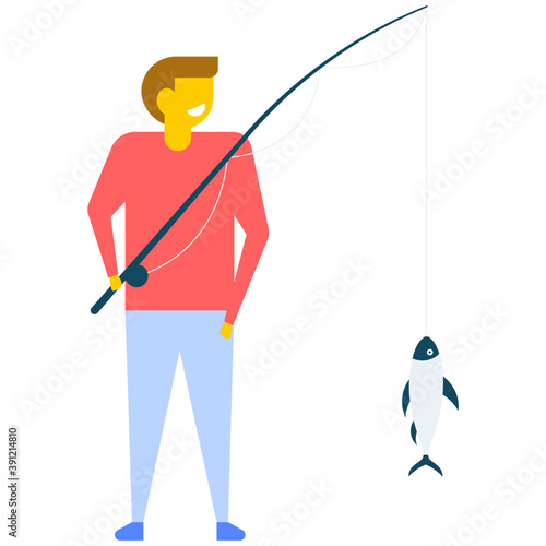 
A young man catching a fish with rod, flat vector icon 
