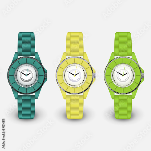 Set of three silicone colorful wristwatches, watches. Yellow and green colors. Vector illustration on white background for web, shop, magazine.