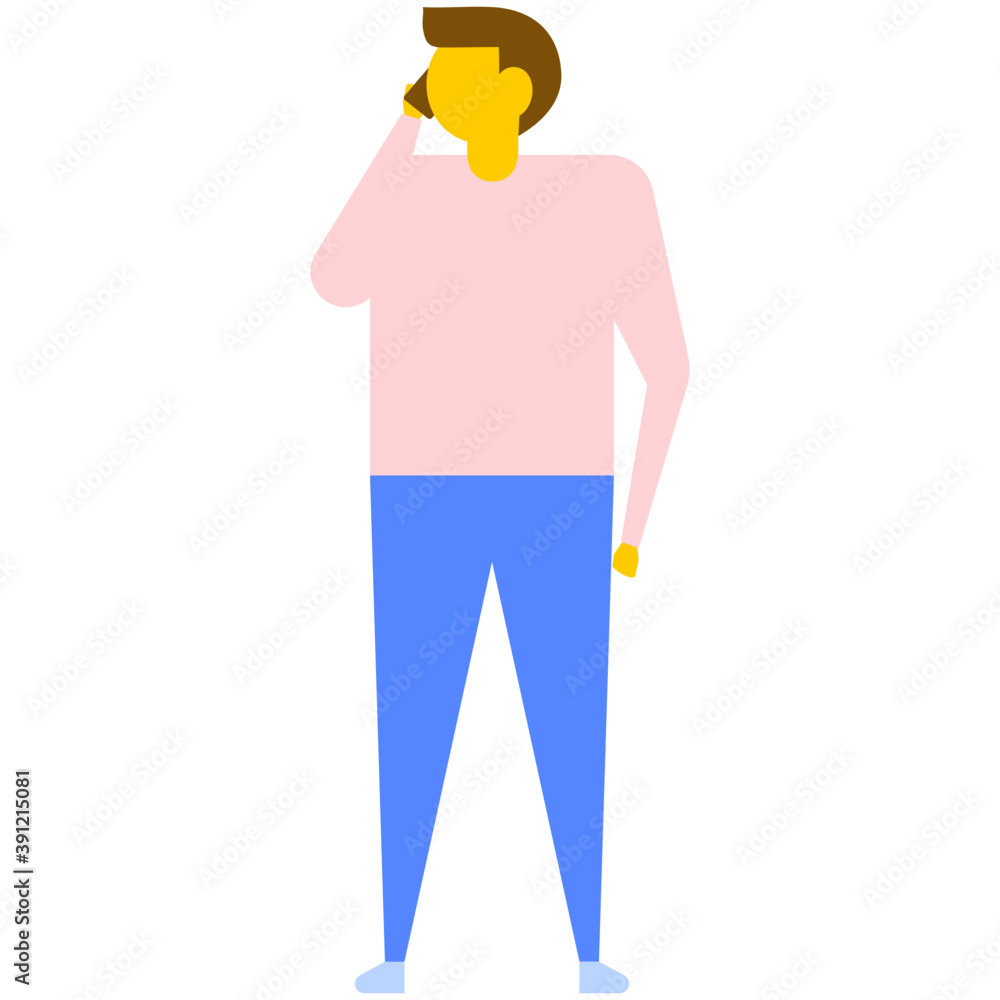 
A standing man talking on phone call, flat vector icon 
