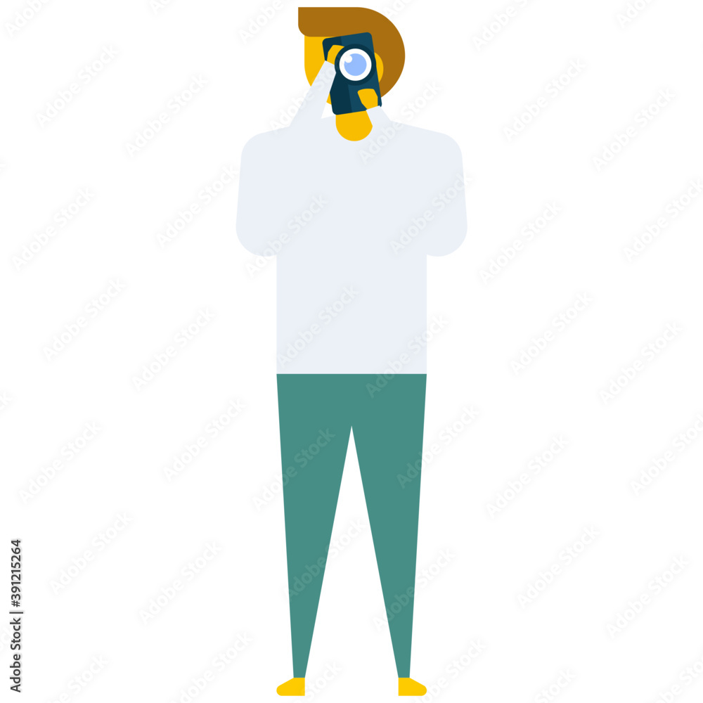 Fototapeta premium Man is sitting on a stool and taking picture with camera, flat vector icon 