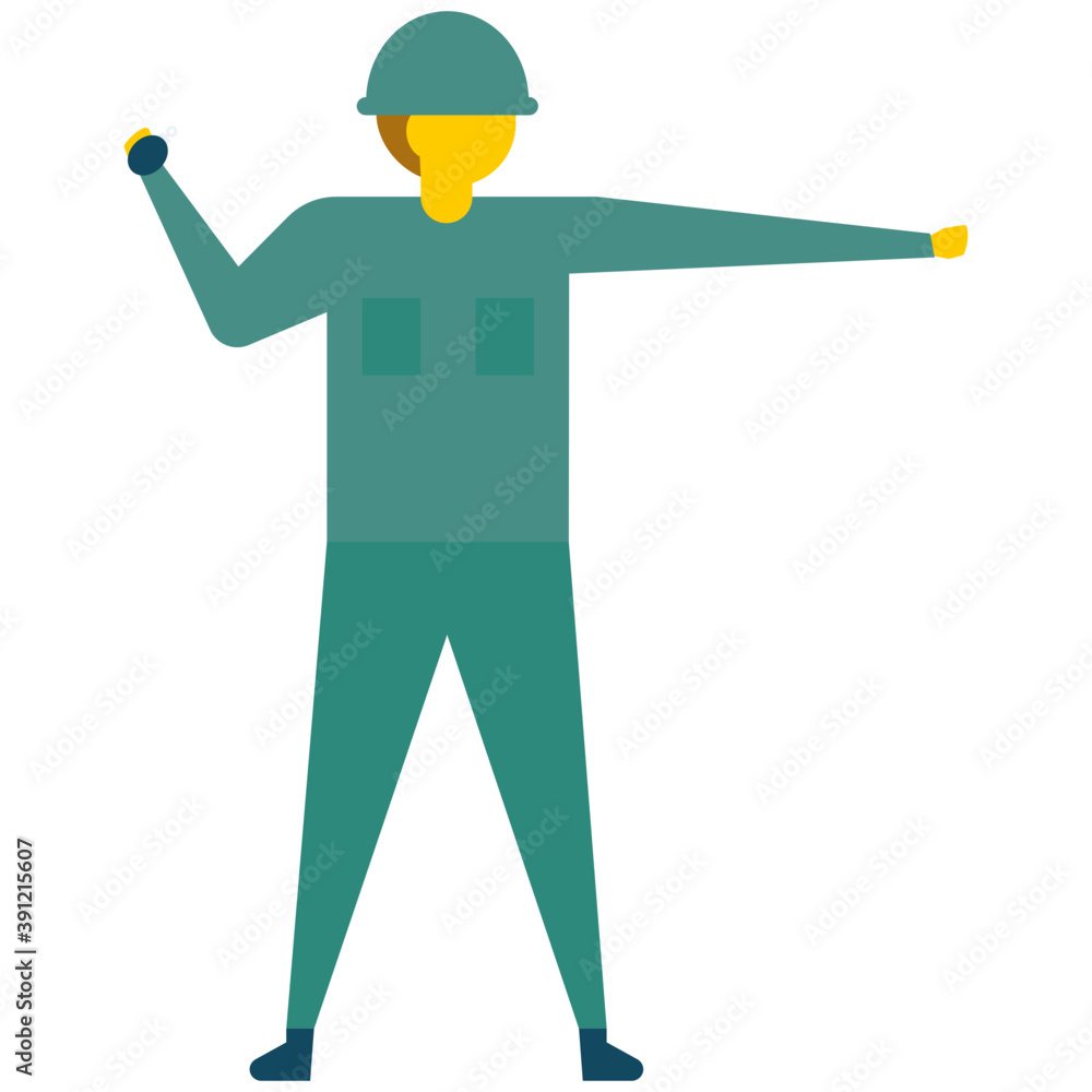 
Soldier in field uniform with weapon, flat vector icon 
