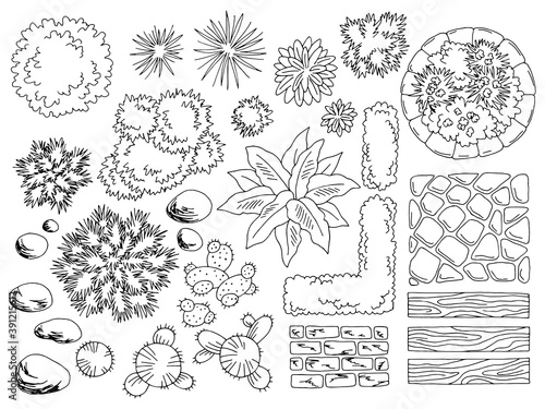 Landscape architect design element set graphic black white top sketch aerial view isolated illustration vector