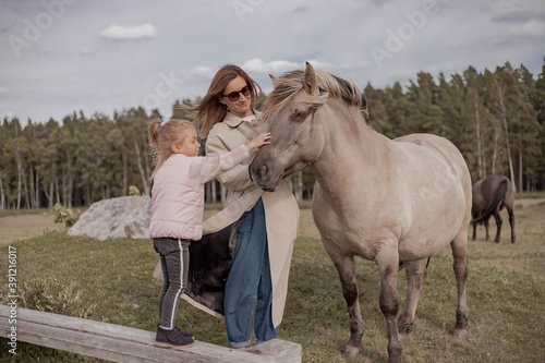 A young family have a fun in the field. Woman and child with a horse in national park. Mother with daughter pet a horse. © Julija