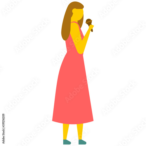 
Young woman singing with microphone, flat vector icon 
