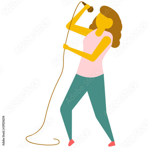 
Young woman singing with microphone, flat vector icon 
