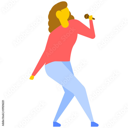 
Young woman singing with microphone, flat vector icon 
