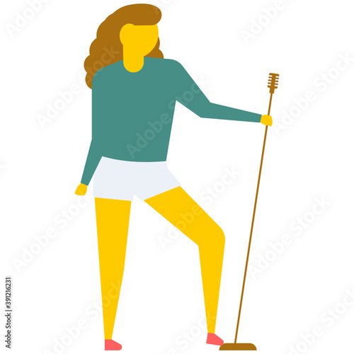 
Young woman singing with microphone, flat vector icon 
