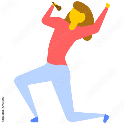 
Young woman singing with microphone, flat vector icon 
