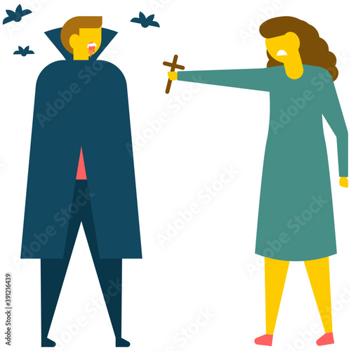 
Halloween witch threatening a girl with evil bats in background, flat vector icon 
