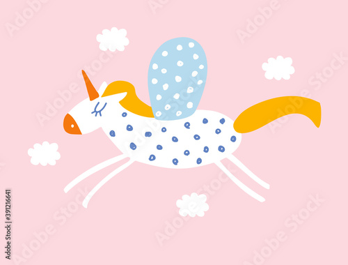 Cute Abstract Nursery Vector Illustration with Funny Hand Drawn Unicorn and Fluffy Clouds Isolated on a Pastel Pink Background. Magic Party Print ideal for Card, Wall Art, Invitation, Poster.
