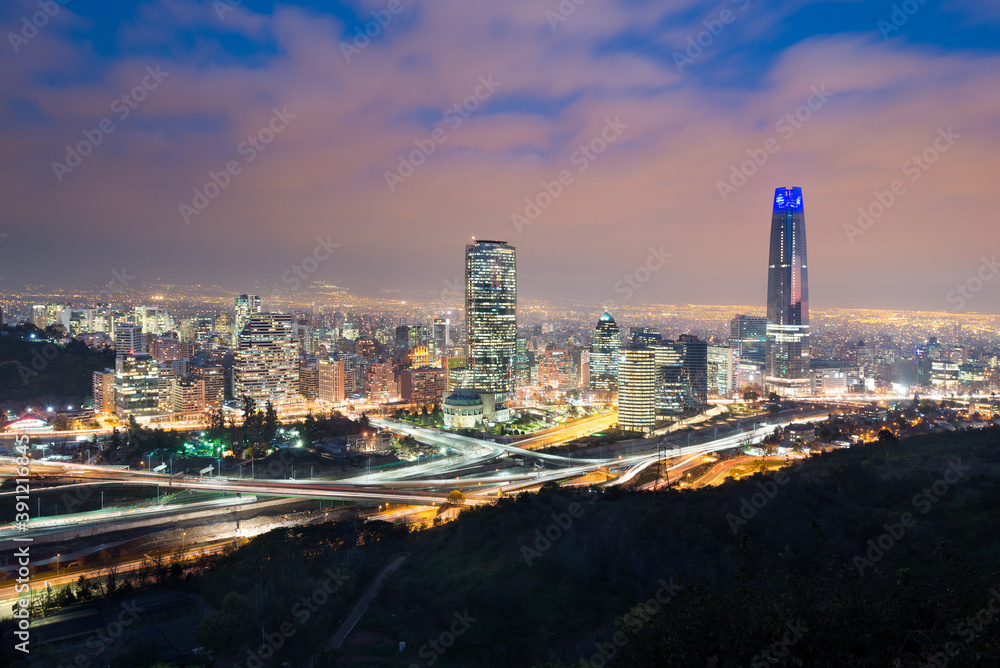 Cityscape of modern Santiago de Chile at night