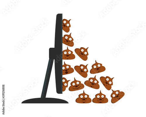 A lot of poop falls from the computer monitor screen. The concept of deception, fraud and false information on the internet. Isolated vector illustration, icon on white background.