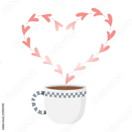 Coffee cup with heart shape steam. Vector illustration. Isolated on white background.
